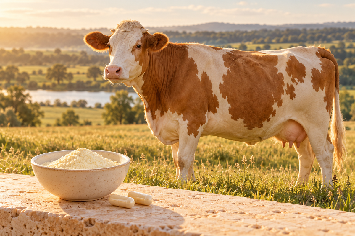 A dairy cow in a sunlit pasture, with colostrum powder and capsules in the foreground
