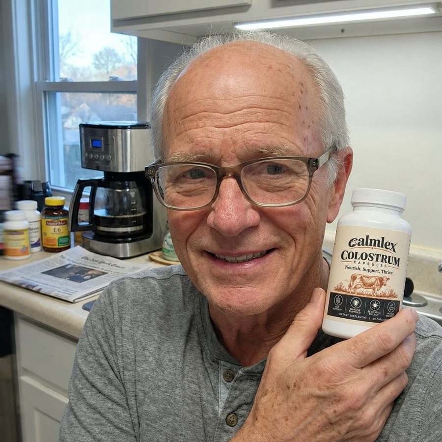 Illustrative photo of a man holding Calmlex colostrum capsules in a kitchen