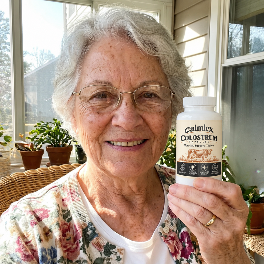 Illustrative photo of a woman holding Calmlex colostrum capsules in an outdoor park