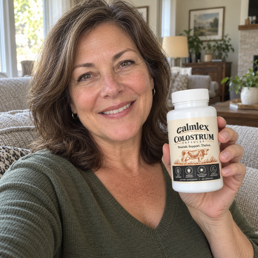 Illustrative photo of a woman holding Calmlex colostrum capsules in a living room