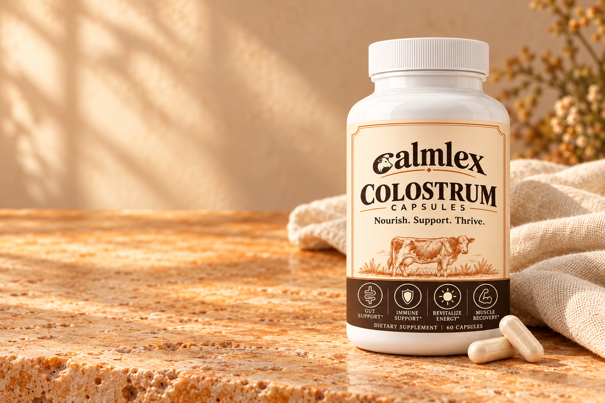 Calmlex colostrum capsules on a sunlit stone surface